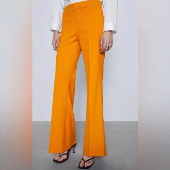 NWT Zara Pants Women's Size XS Mid Rise Flared Flat Front Orange Yellow Trousers - Picture 2 of 9
